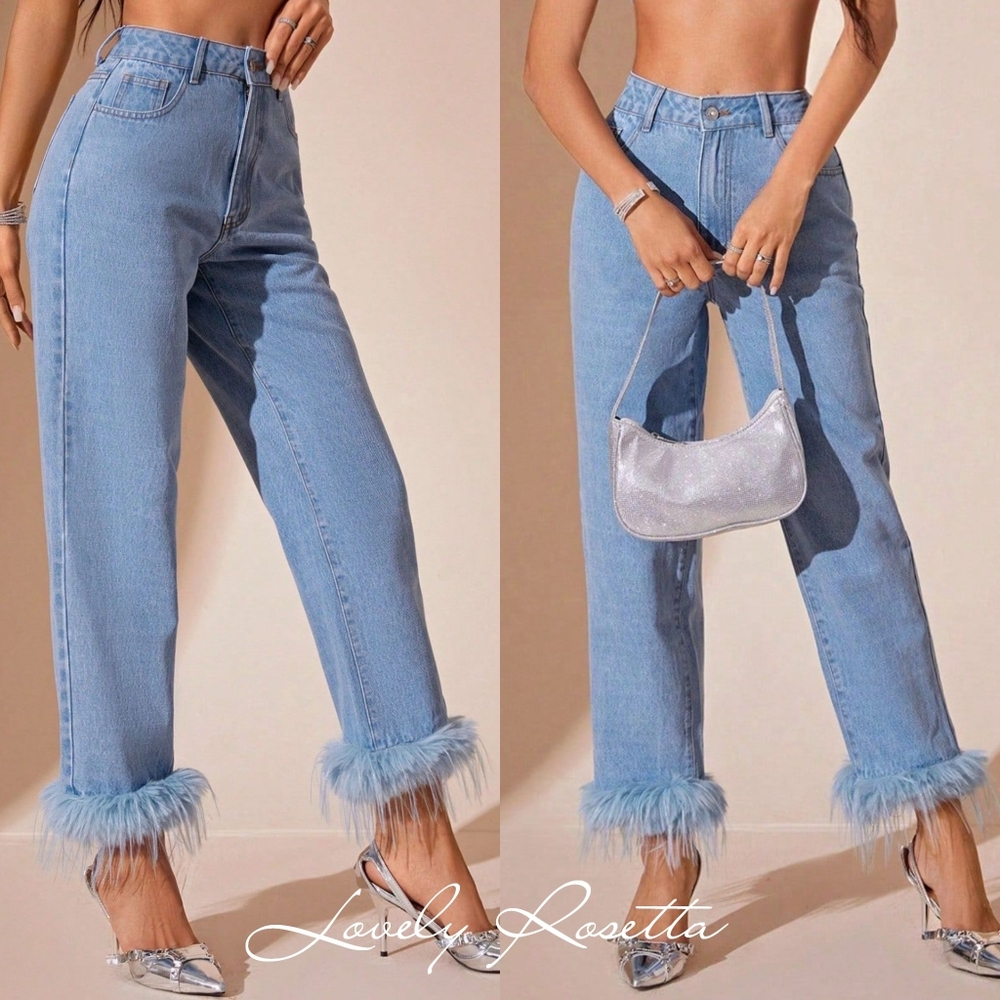 Plush Hem High Rise Straight Jeans